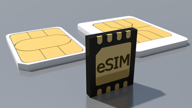 esim card standing on old generation sim card. new mobile communication technology 5g network. evolution of sim cards. 3d rendering.