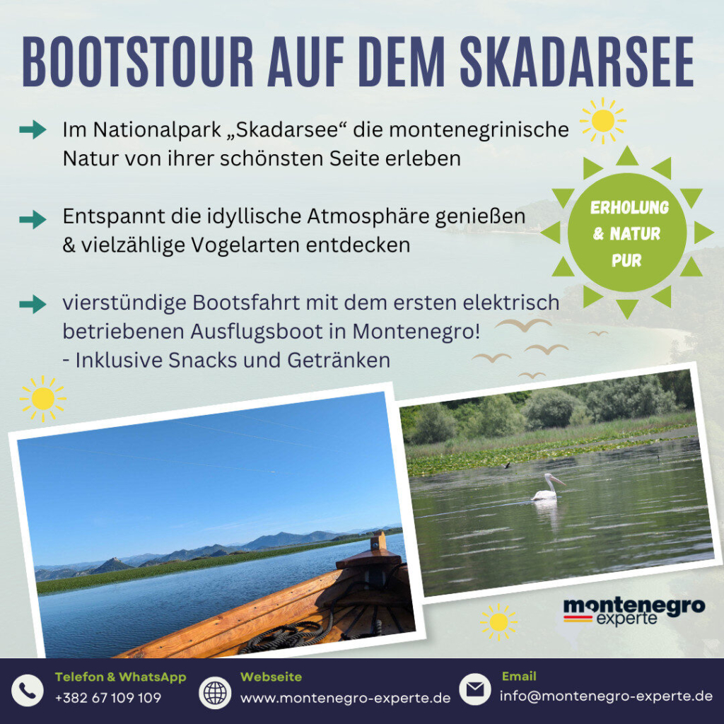 Bootsfahrt auf dem skadarsee - erstes elektrisch betriebenes Ausflugs-boot in Montenegro